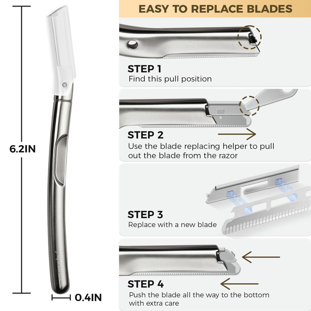 ZOMCHI dermaplaning tool in-use on the face demonstrates a smooth, refreshed look