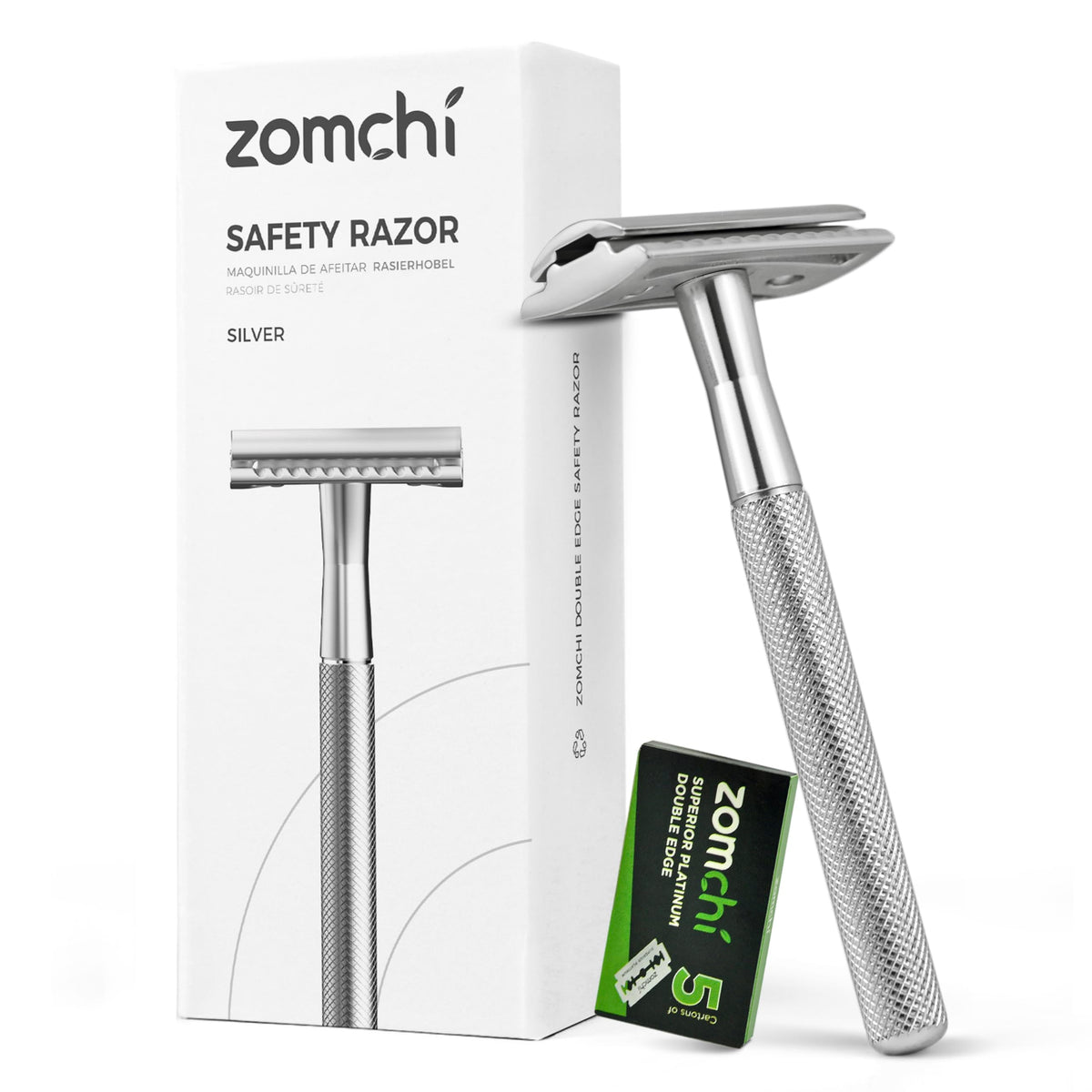 ZOMCHI double-edge razor silver close-up for a precise, comfortable shave.