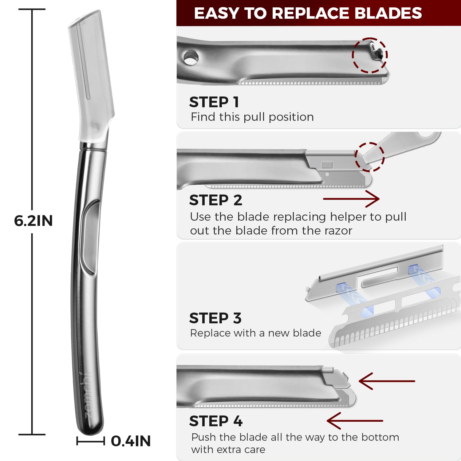 Metal-handle design offers comfortable grip for controlled shaving across face.