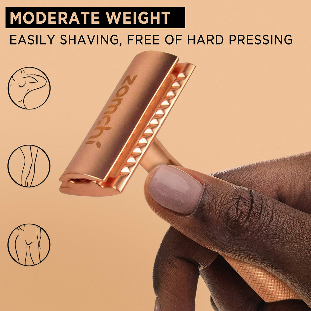 ZOMCHI rose-gold safety razor in use on leg for a close, comfortable shave