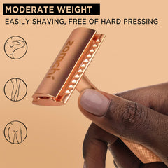 ZOMCHI rose-gold safety razor in use on leg for a close, comfortable shave