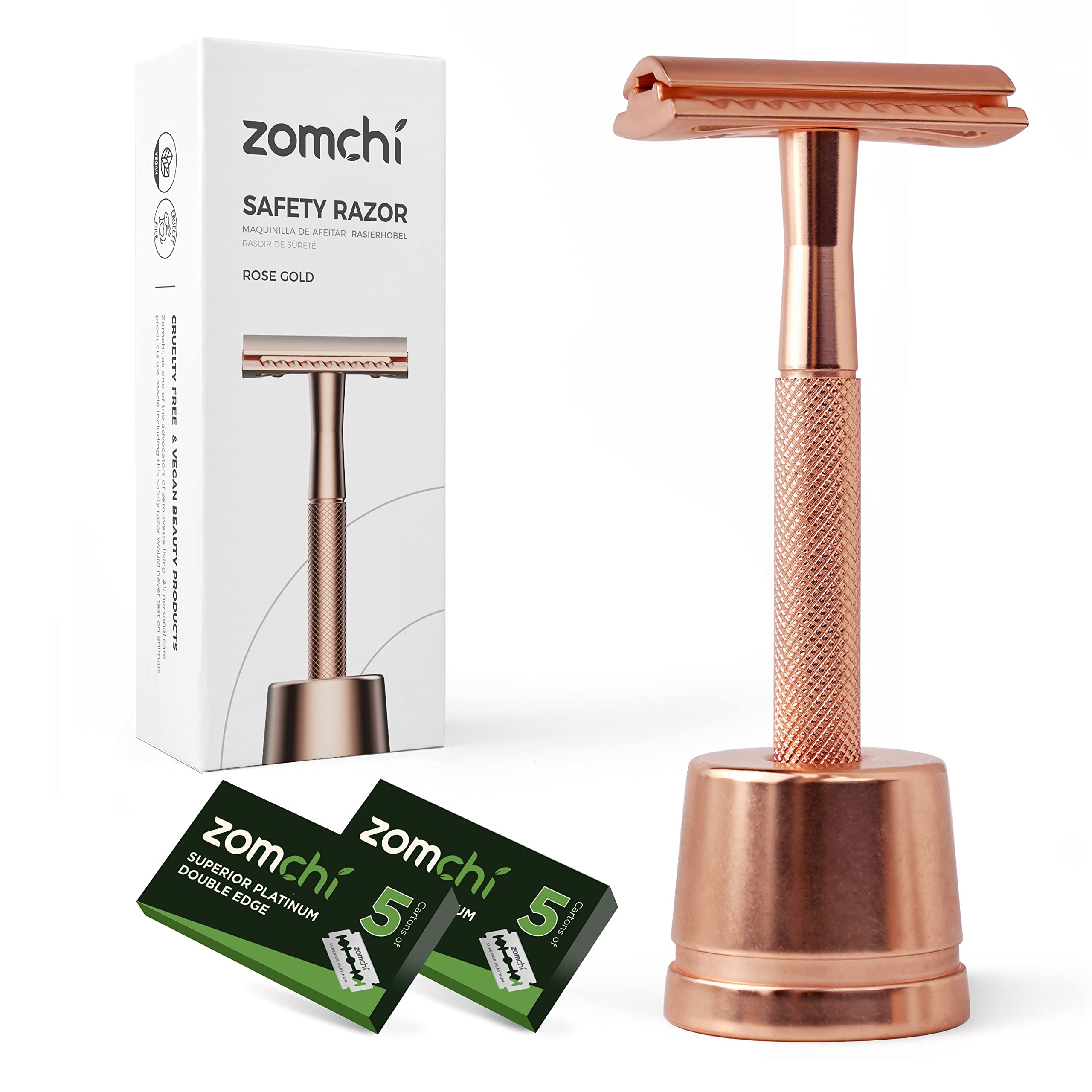 ZOMCHI rose-gold single-blade razor handle closeup for precise, smooth shaving