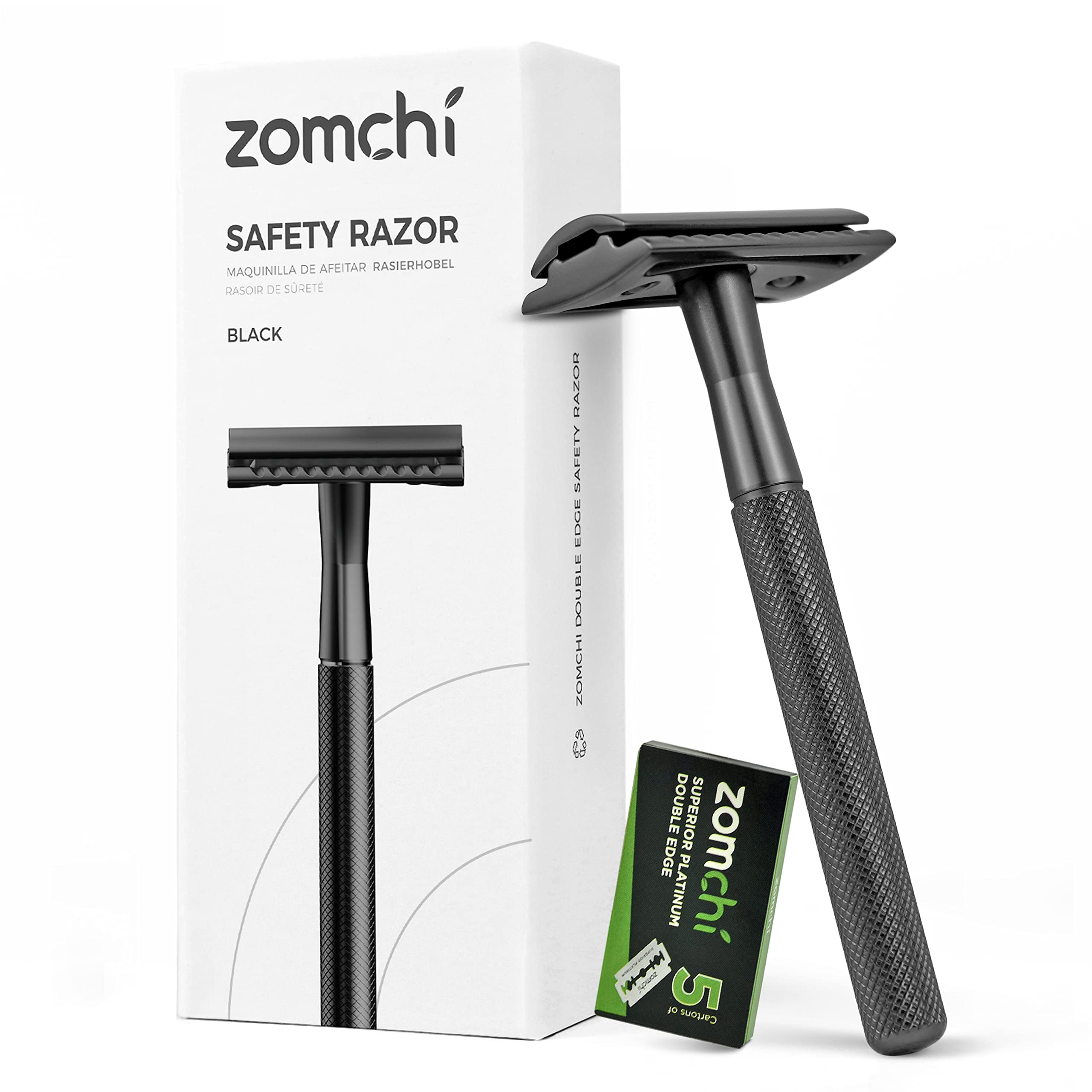 ZOMCHI safety razor with black handle, close-up on durable metal construction for a lasting shave.