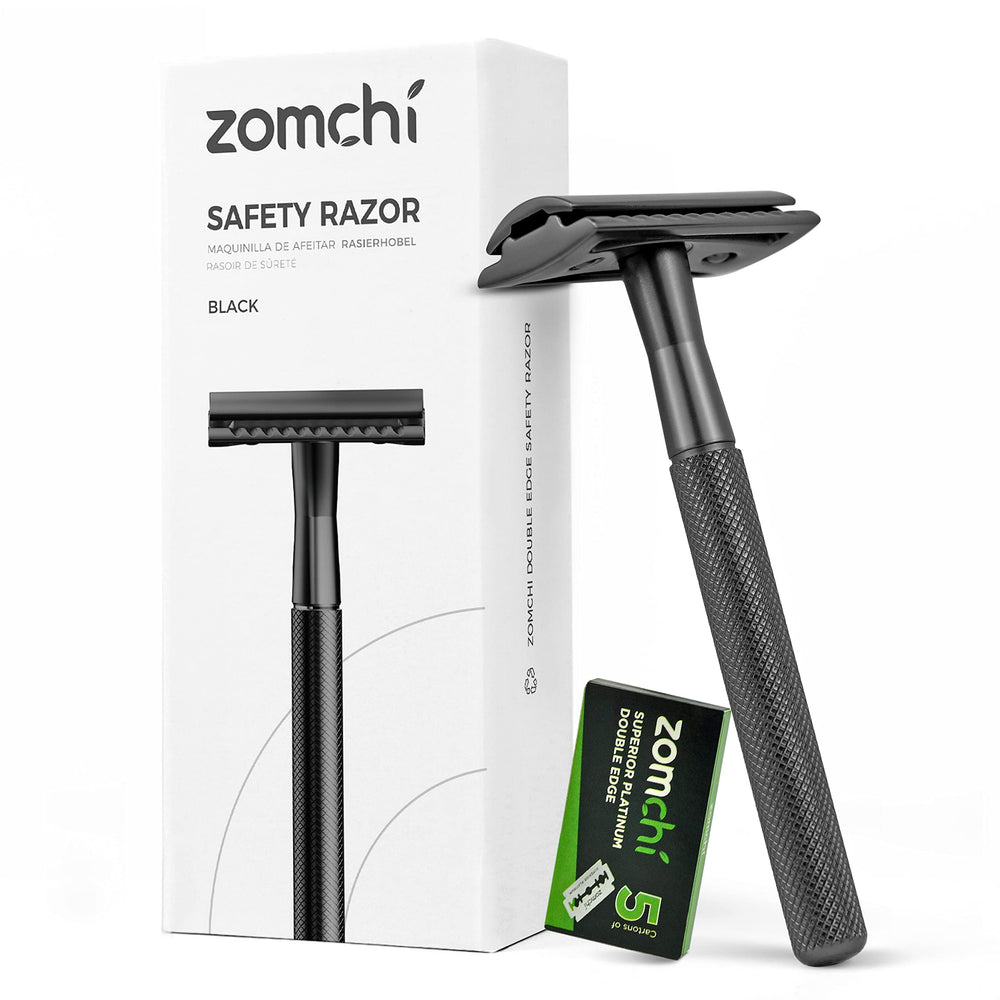 ZOMCHI safety razor with black handle, close-up on durable metal construction for a lasting shave.