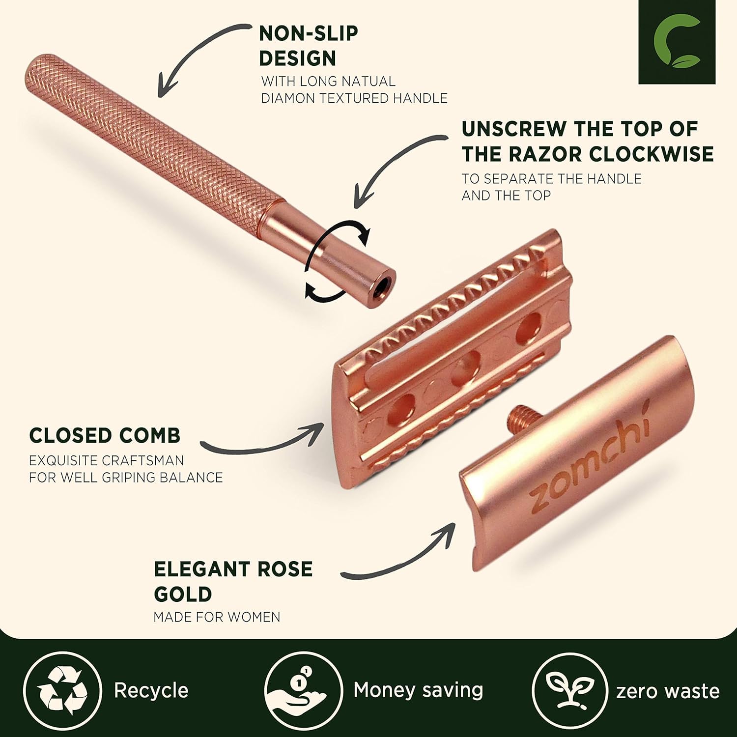 ZOMCHI safety razor metal handle close-up highlights durability for lifelong use.