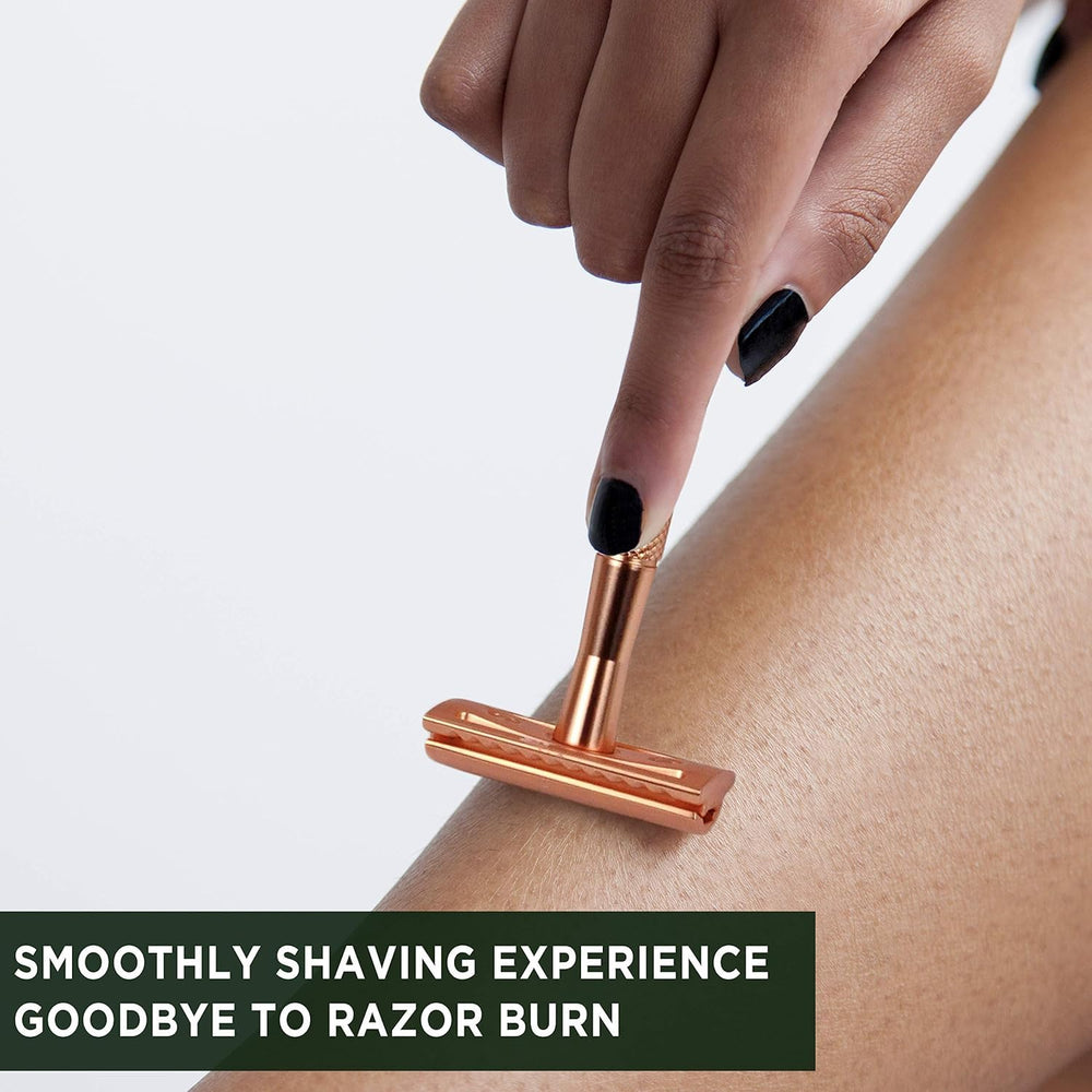 ZOMCHI rose gold pack emphasizes plastic-free, reusable shaving options.
