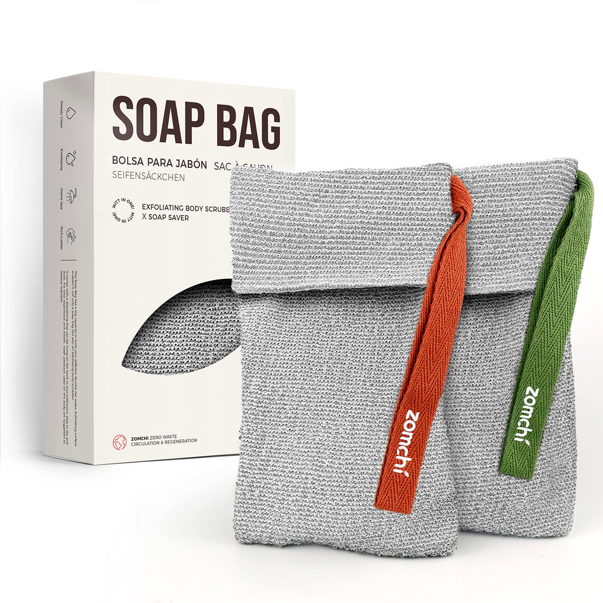 ZOMCHI soap bags set closeup reveals gentle exfoliation for smoother skin.