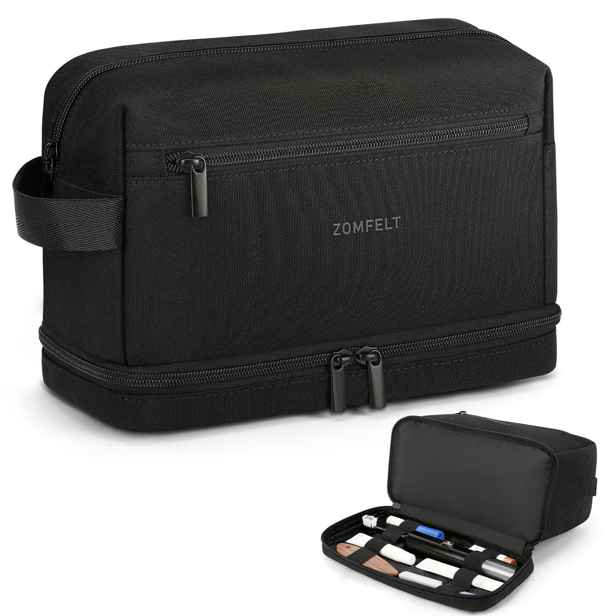 ZOMFELT Toiletry Bag dual layers keeps grooming tools organized on the go.