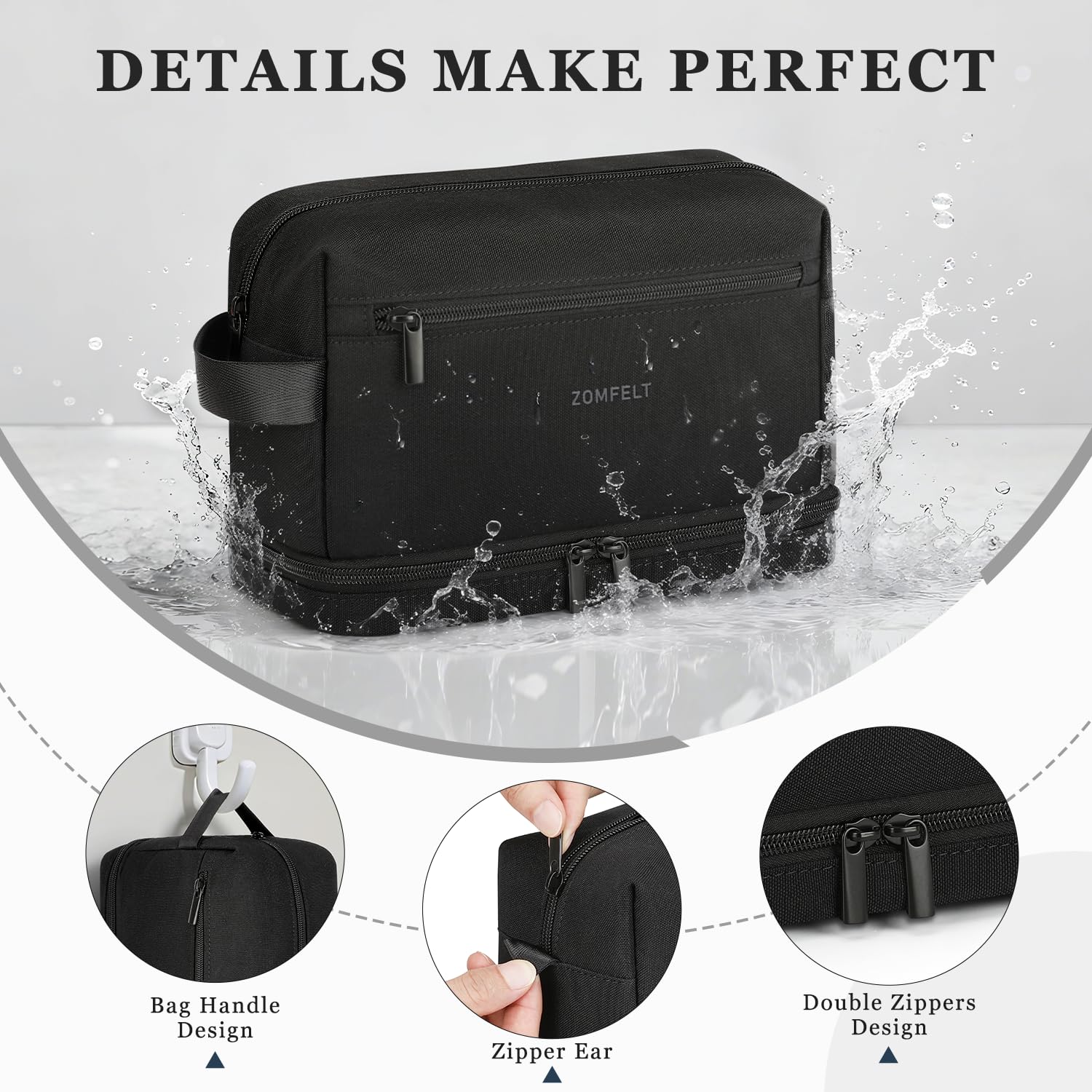 ZOMFELT Toiletry Bag durable handle and smooth zippers for easy access.