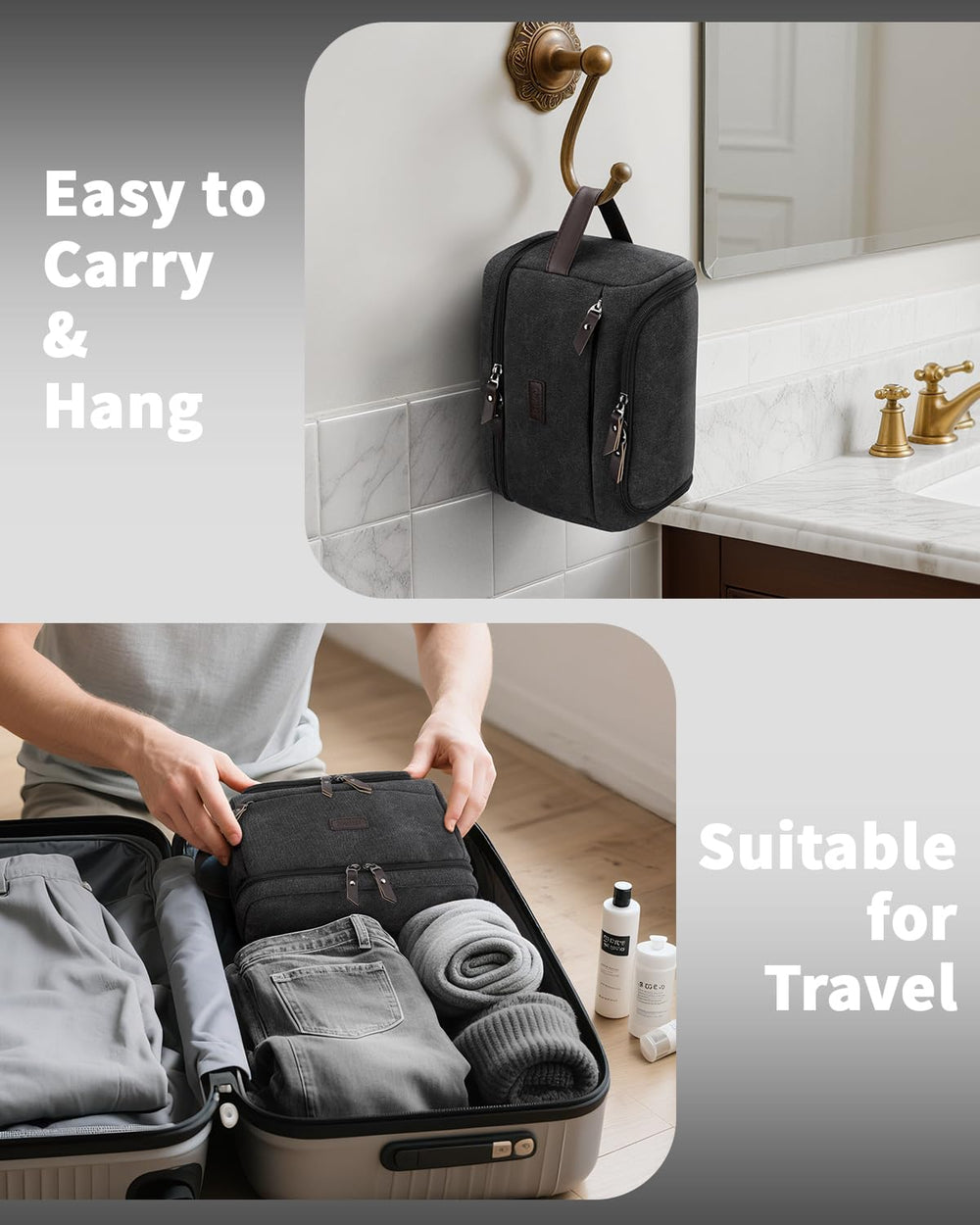 ZOMFELT Toiletry Bag PU handle hanging for convenient bathroom setup