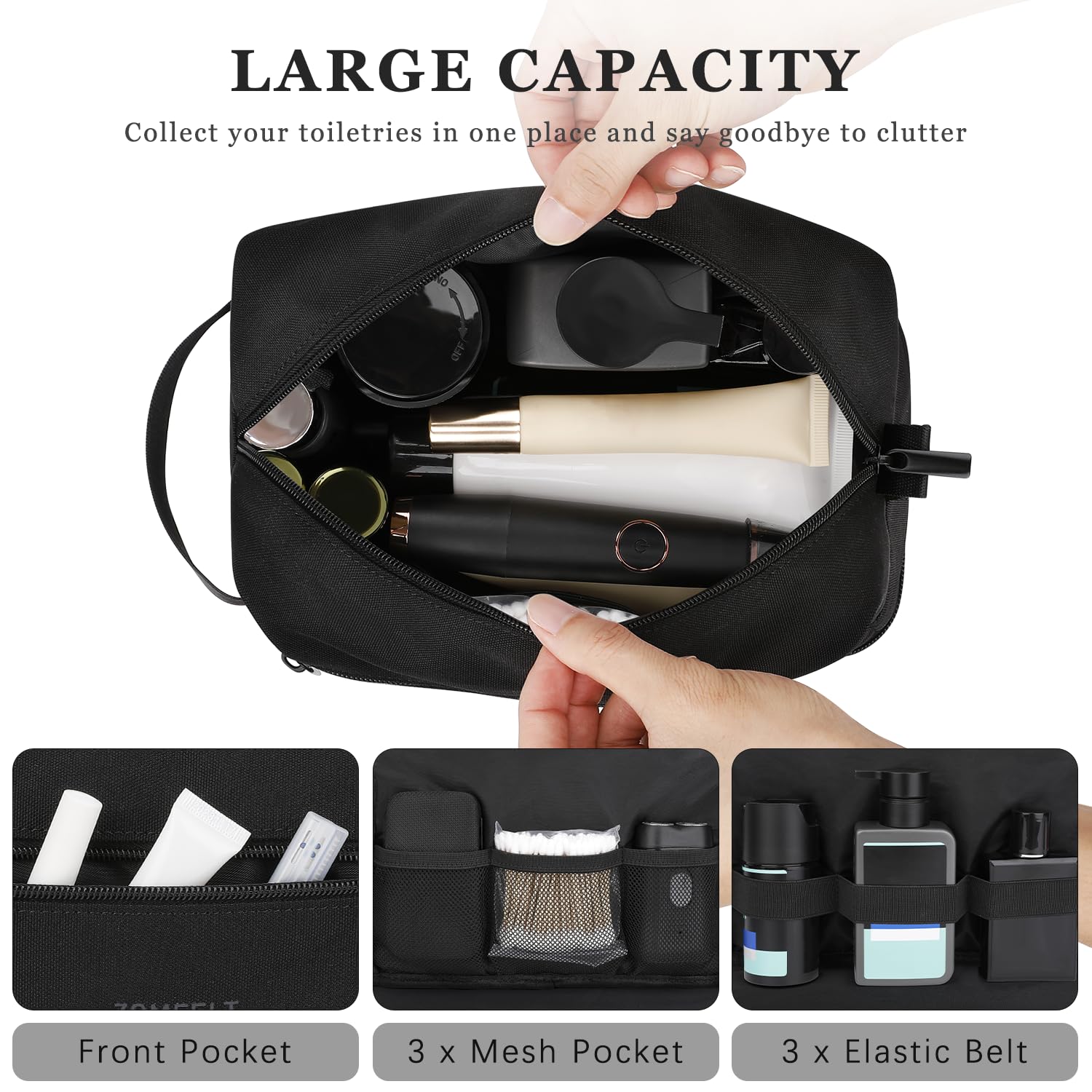 ZOMFELT Toiletry Bag spacious compartments for skincare and accessories.