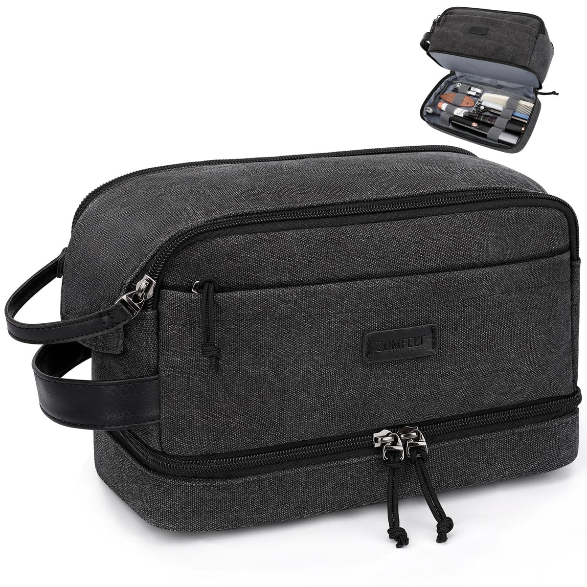 ZOMFELT travel toiletries bag main compartment keeps essentials organized on the go.