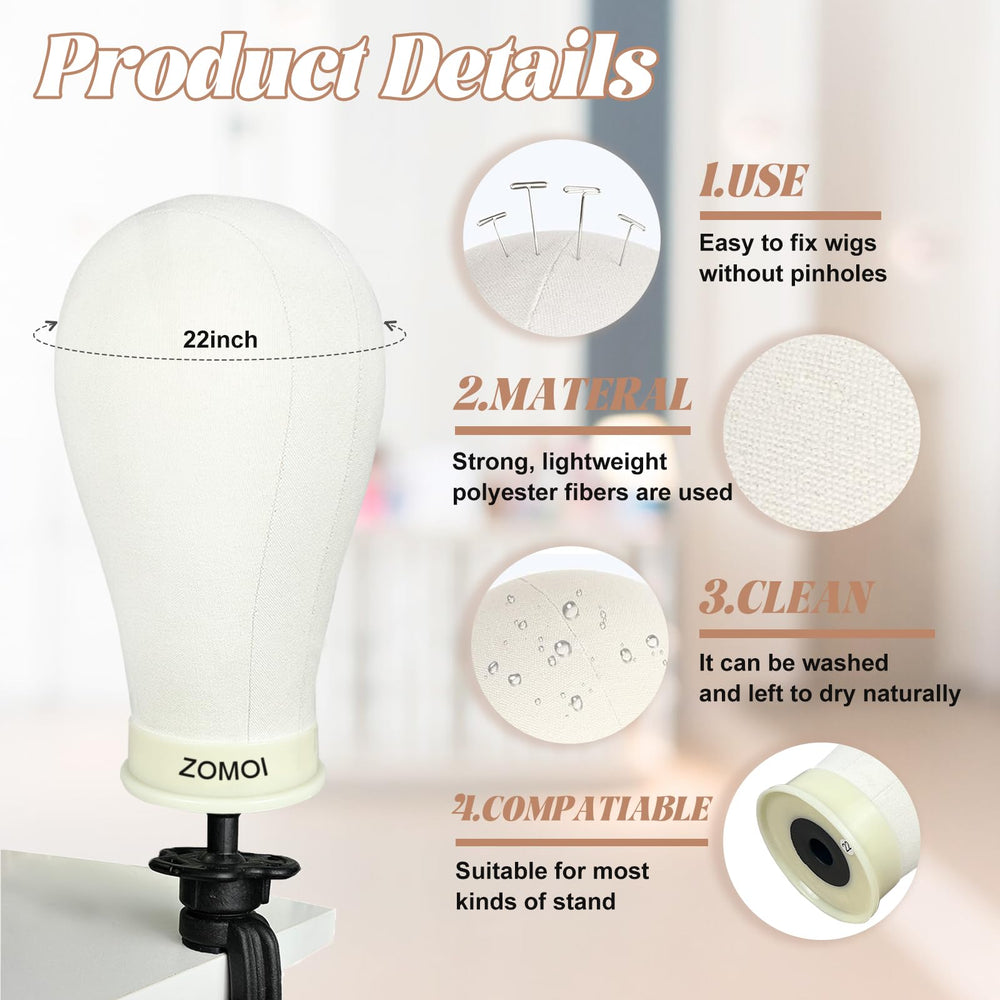 ZOMOI 22-inch canvas head for full wig projects and displays