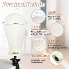 ZOMOI 22-inch canvas head for full wig projects and displays