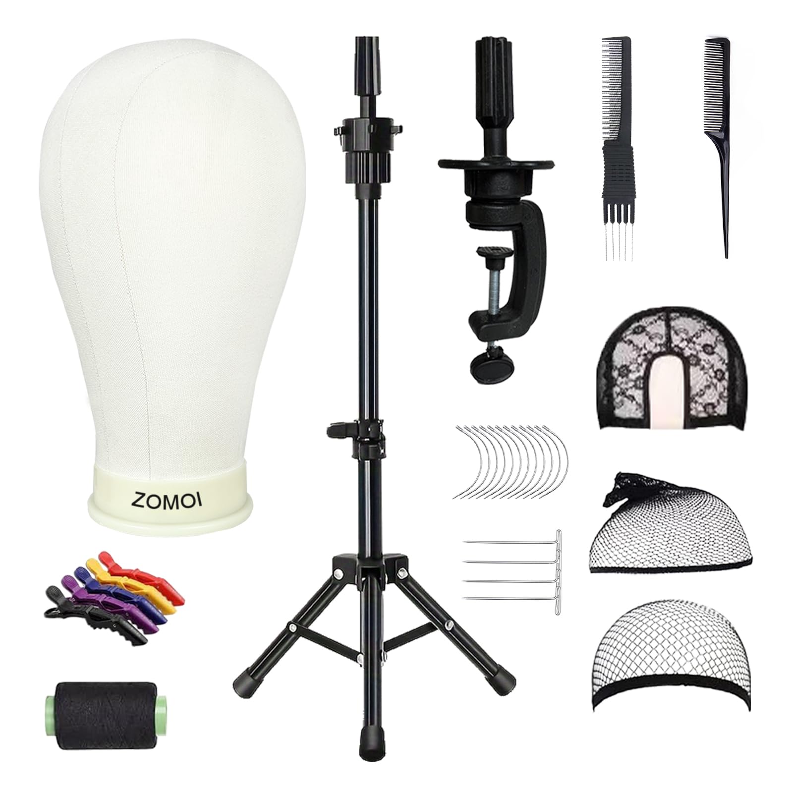 ZOMOI canvas wig head on tripod stand for precise wig styling