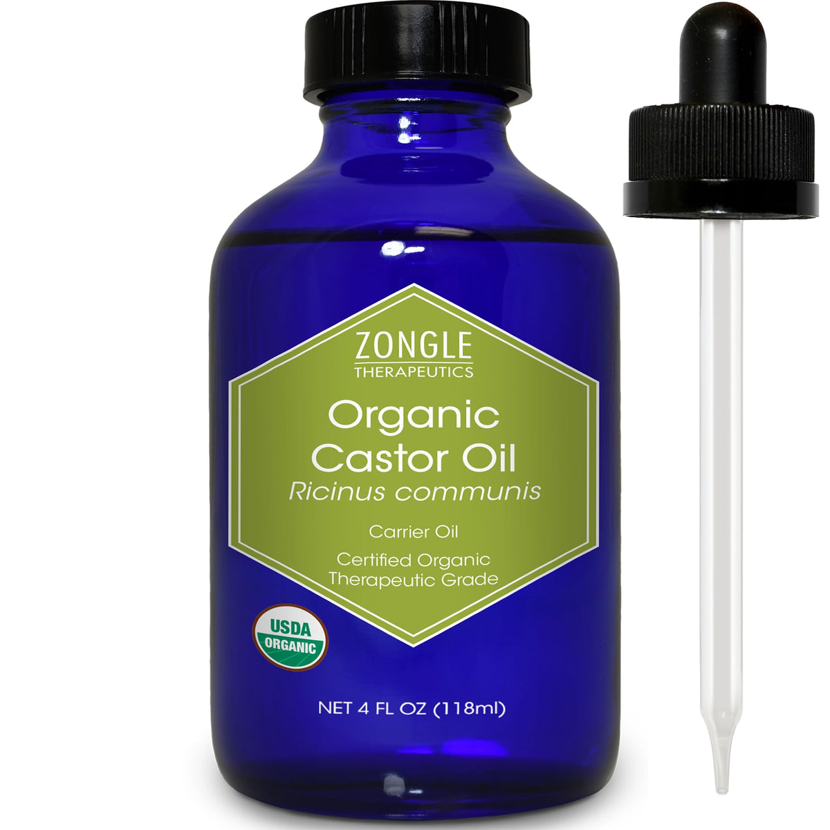 Zongle Therapeutics Castor Oil in a glass bottle highlights purity and premium packaging for skin and hair use.