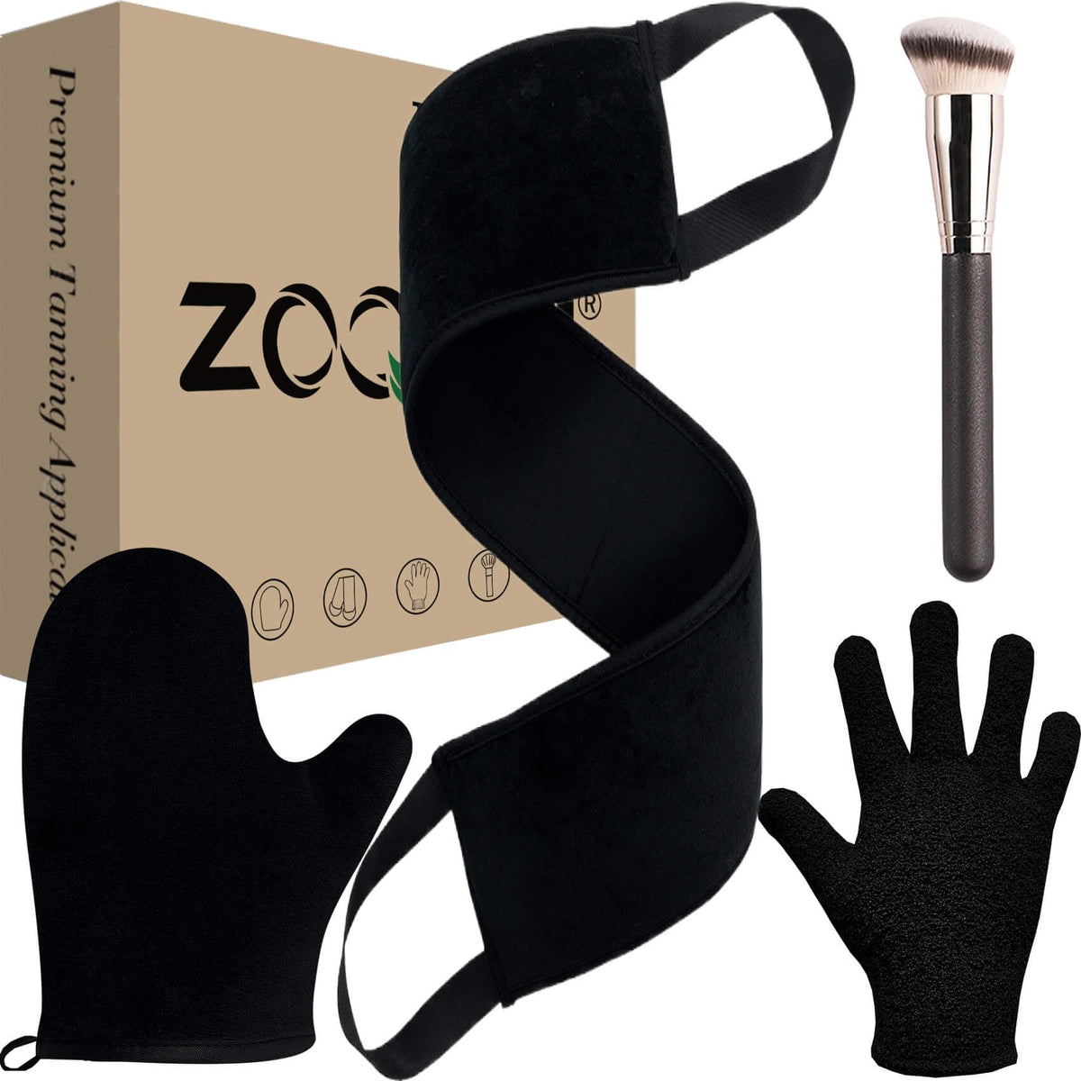 ZOQINI Self Tanning Mitt Kit with all components laid out for full-body tanning application