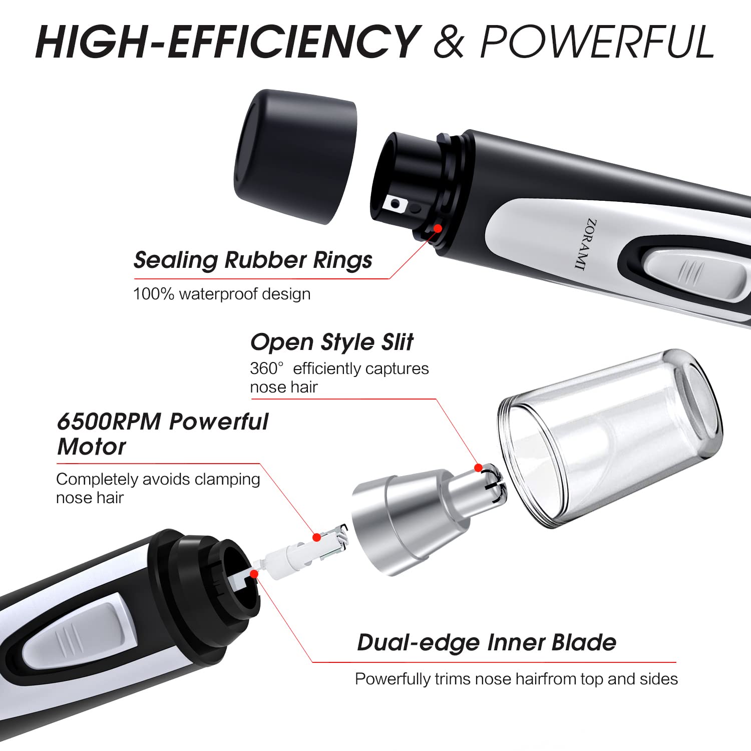 ZORAMI battery-powered motor runs quietly, long-lasting for travel touch-ups.