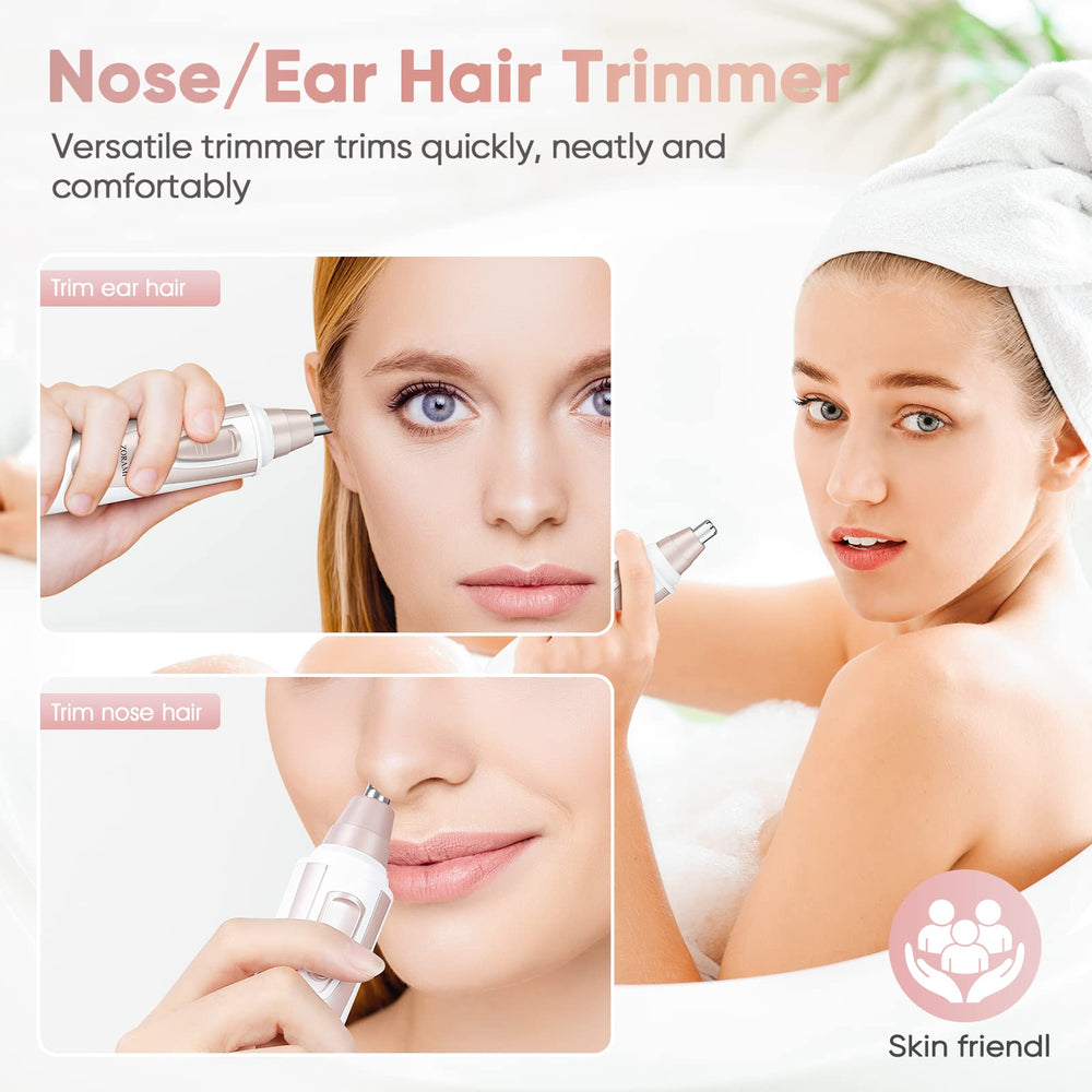 ZORAMI dual-edge blades close-up enabling gentle trimming of eyebrows, ears, and nostrils.