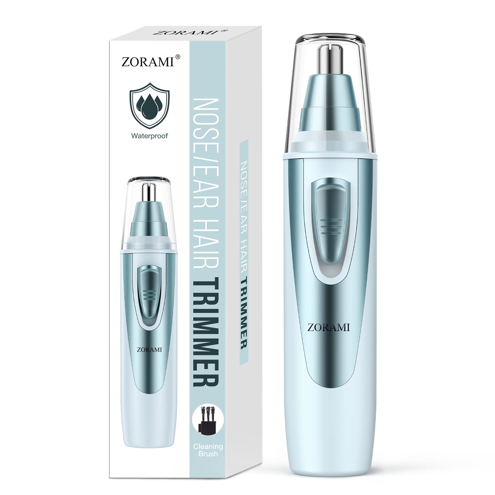 ZORAMI Ear and Nose Trimmer front view shows compact, battery-powered precision for painless grooming.