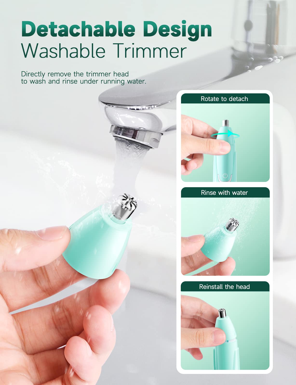 ZORAMI mint-green trimmer charging via USB-C, long standby power for travel.