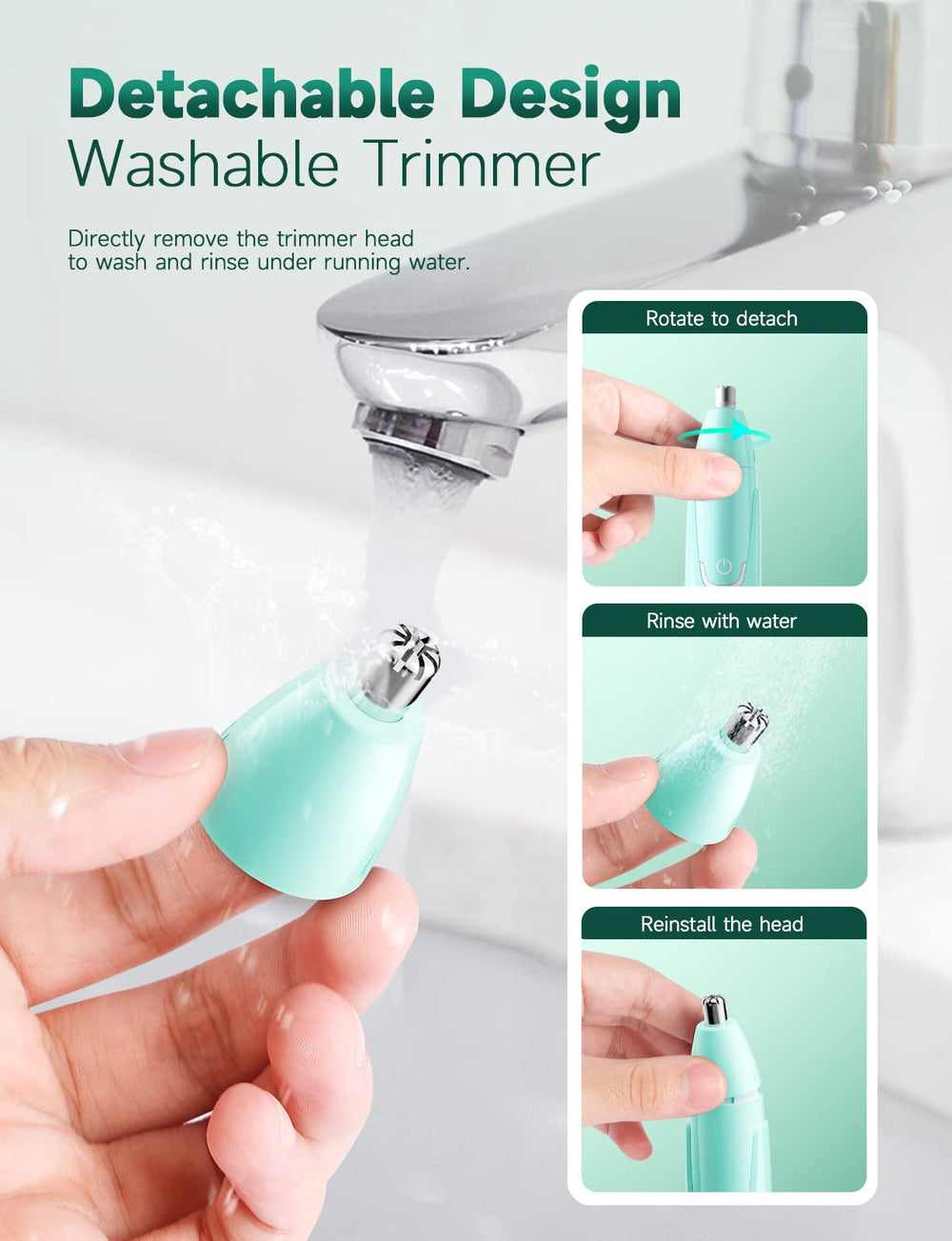 ZORAMI mint-green trimmer charging via USB-C, long standby power for travel.
