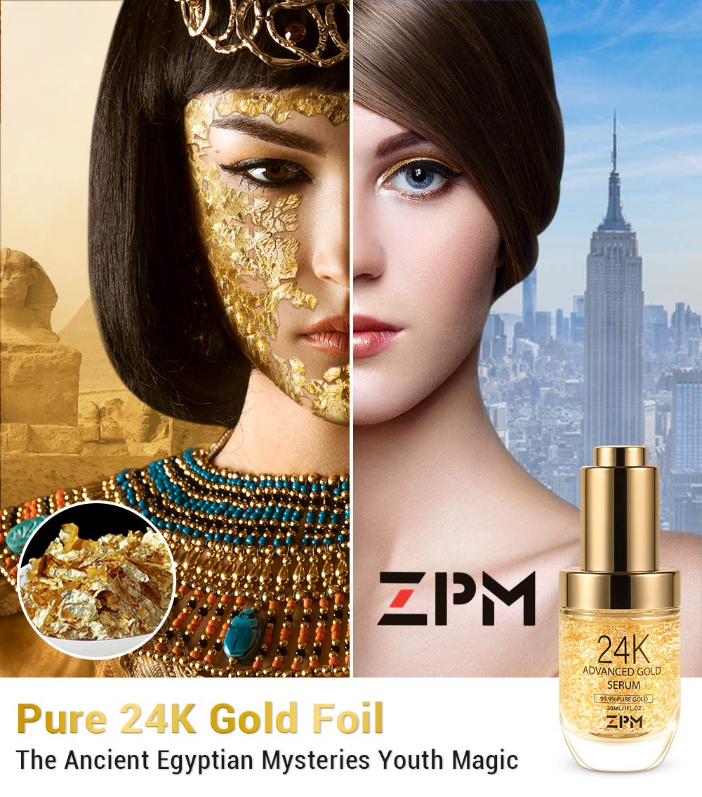 ZPM 24K gold-foil-essence close-up highlights luxurious anti-aging serum texture.