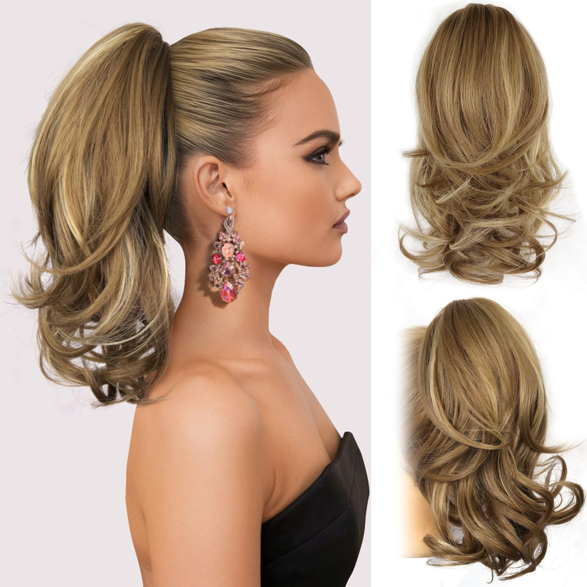 ZQIAN BEAUTY 14-inch wavy ponytail extension adds volume with light brown beige highlights.