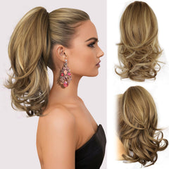 ZQIAN BEAUTY 14-inch wavy ponytail extension adds volume with light brown beige highlights.