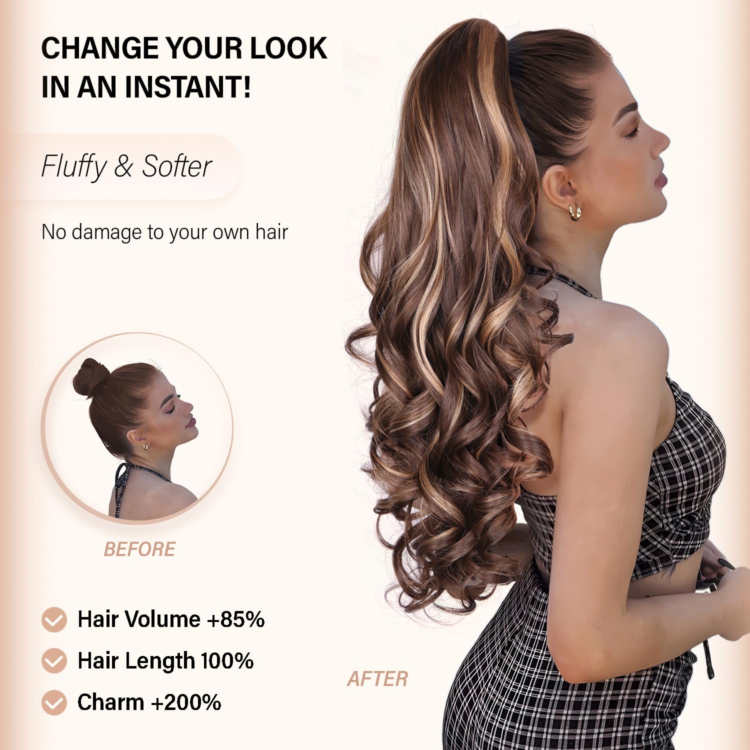 ZQIAN BEAUTY 24inch black ponytail extension back view highlights fullness.