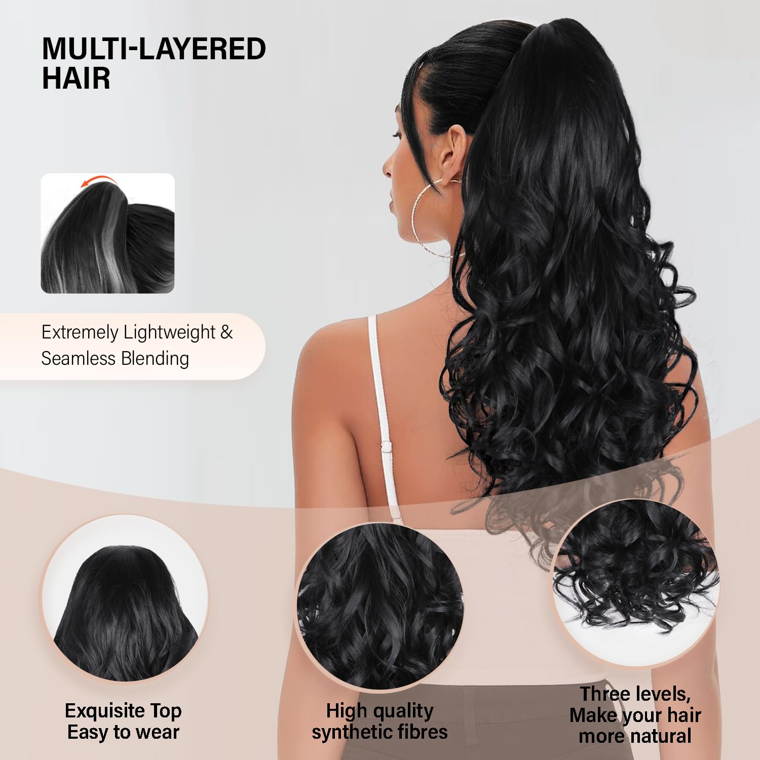 ZQIAN BEAUTY black ponytail extension side view shows soft, natural-looking waves.