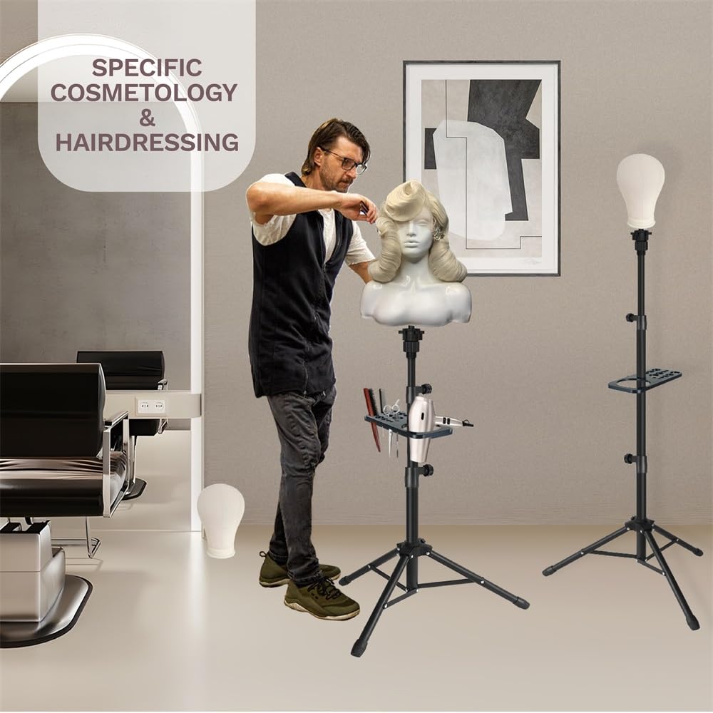 ZQIAN BEAUTY black wig stand viewed from side demonstrates compact footprint for small studios.
