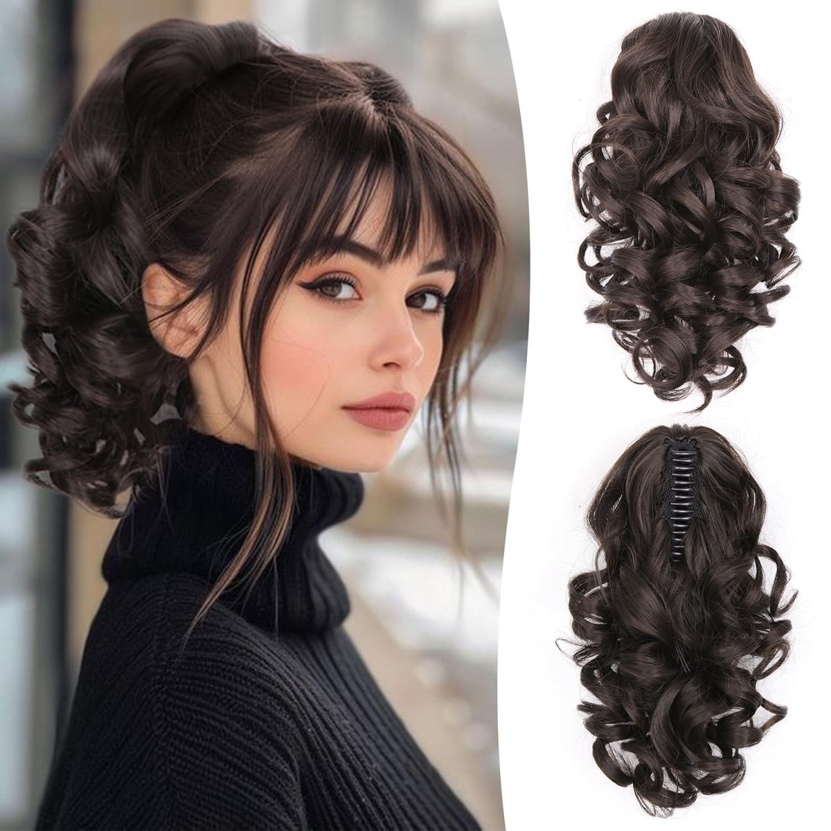 ZQIAN BEAUTY claw clip ponytail extension close-up shows instant volume and natural curls.