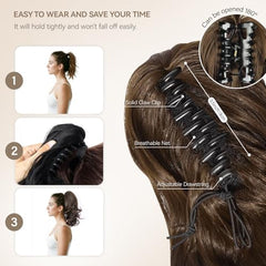 ZQIAN BEAUTY clip-in-pony-tail-extension closeup shows the smooth, heat-resistant fibers.