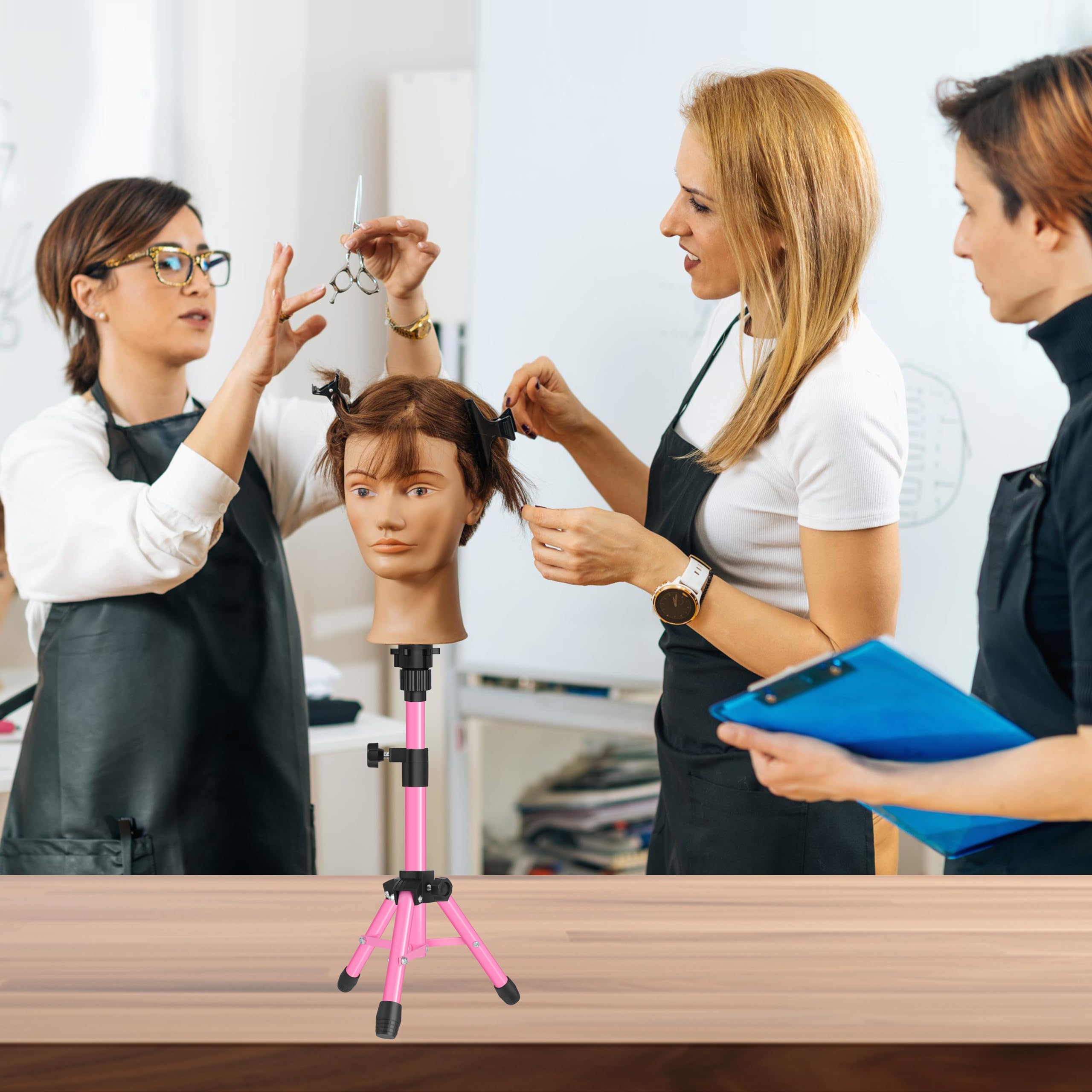 ZQIAN BEAUTY pink wig stand enables comfortable seated practice.