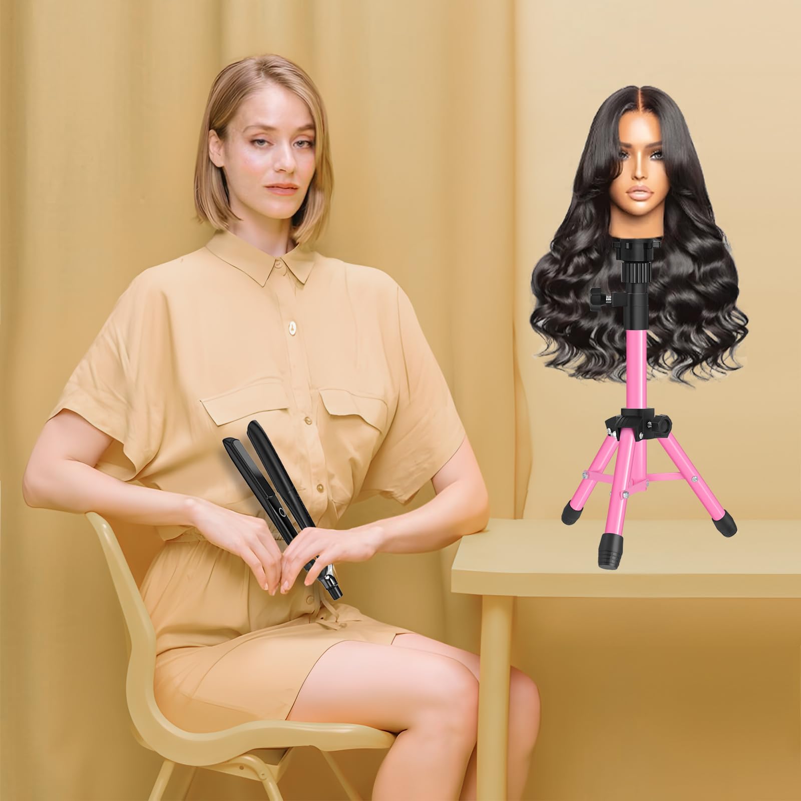 ZQIAN BEAUTY pink wig stand display for training heads on classroom desks.
