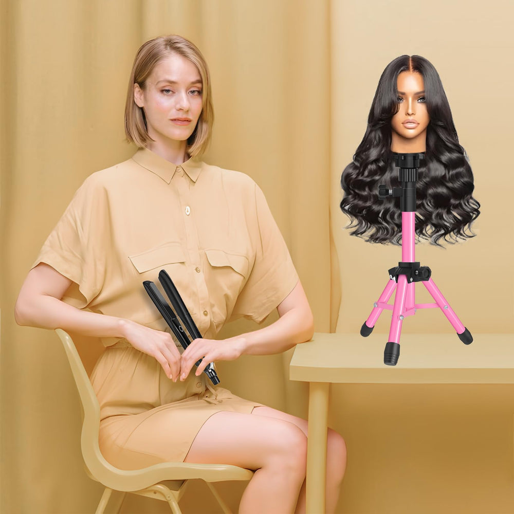 ZQIAN BEAUTY pink wig stand display for training heads on classroom desks.