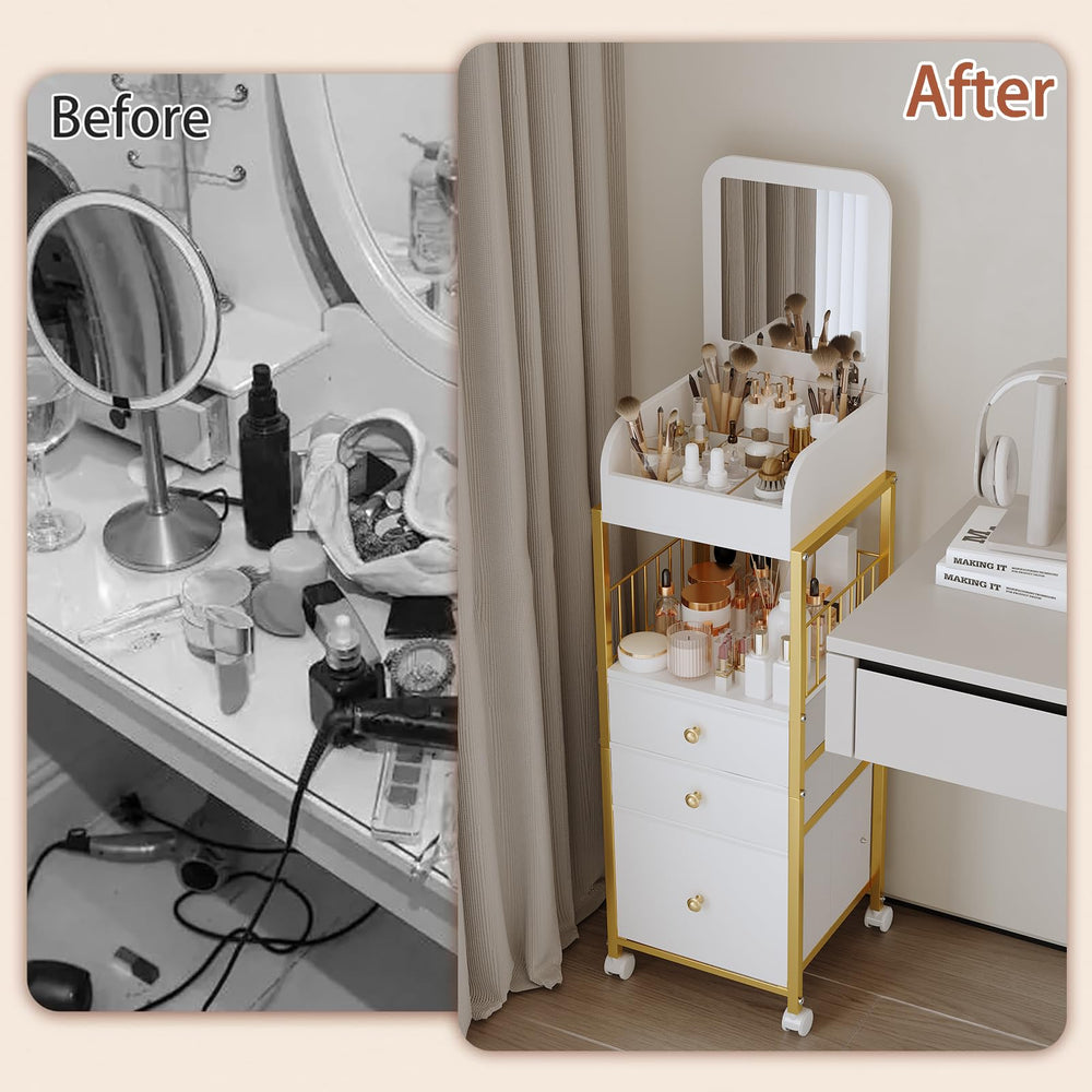 ZQUYAJ gold-finish beauty cart adds stylish storage to any dressing area