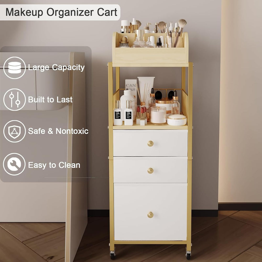 ZQUYAJ makeup organizer cart gold drawer close-up shows fabric drawers for cosmetics
