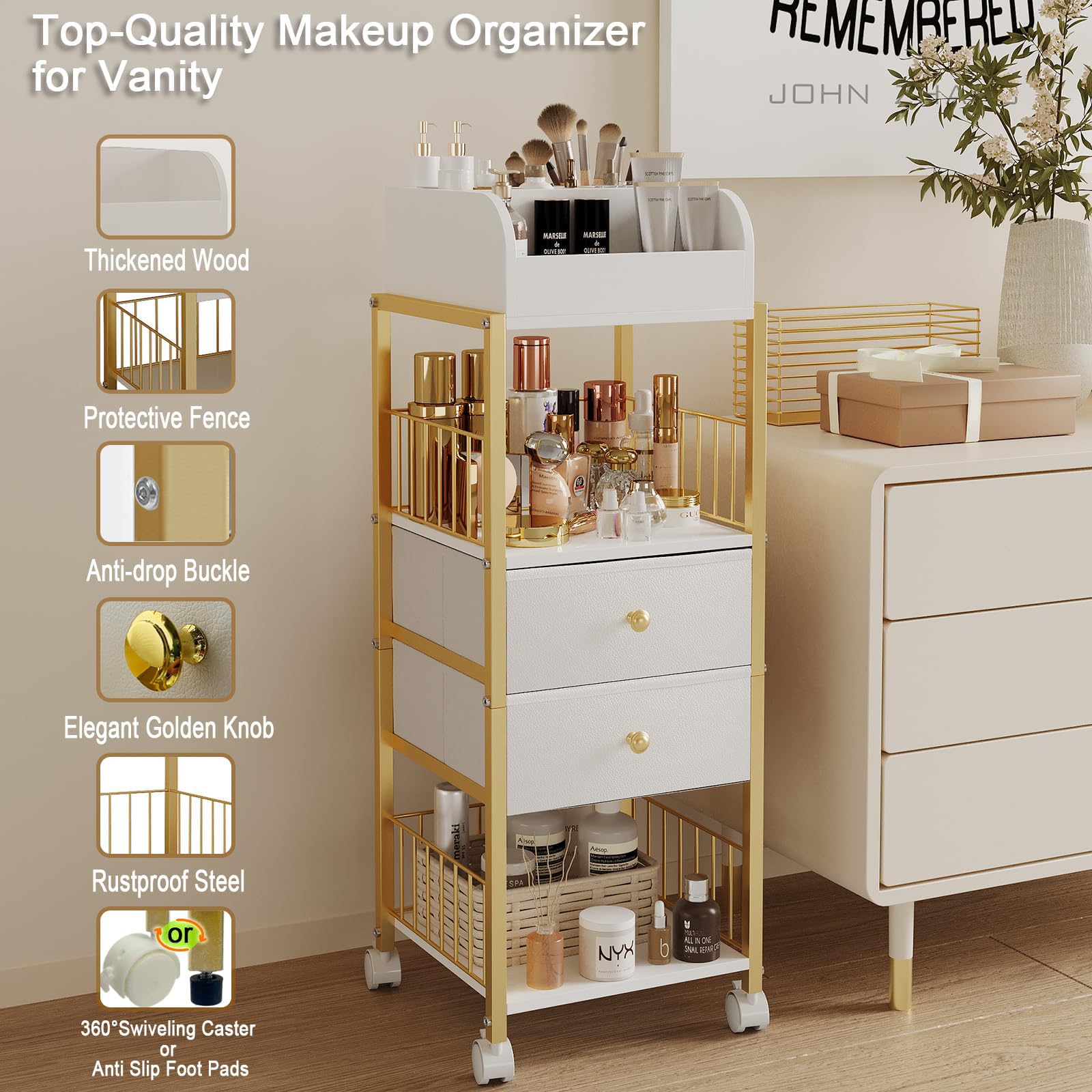 ZQUYAJ makeup organizer cart gold finish to enhance vanity aesthetics