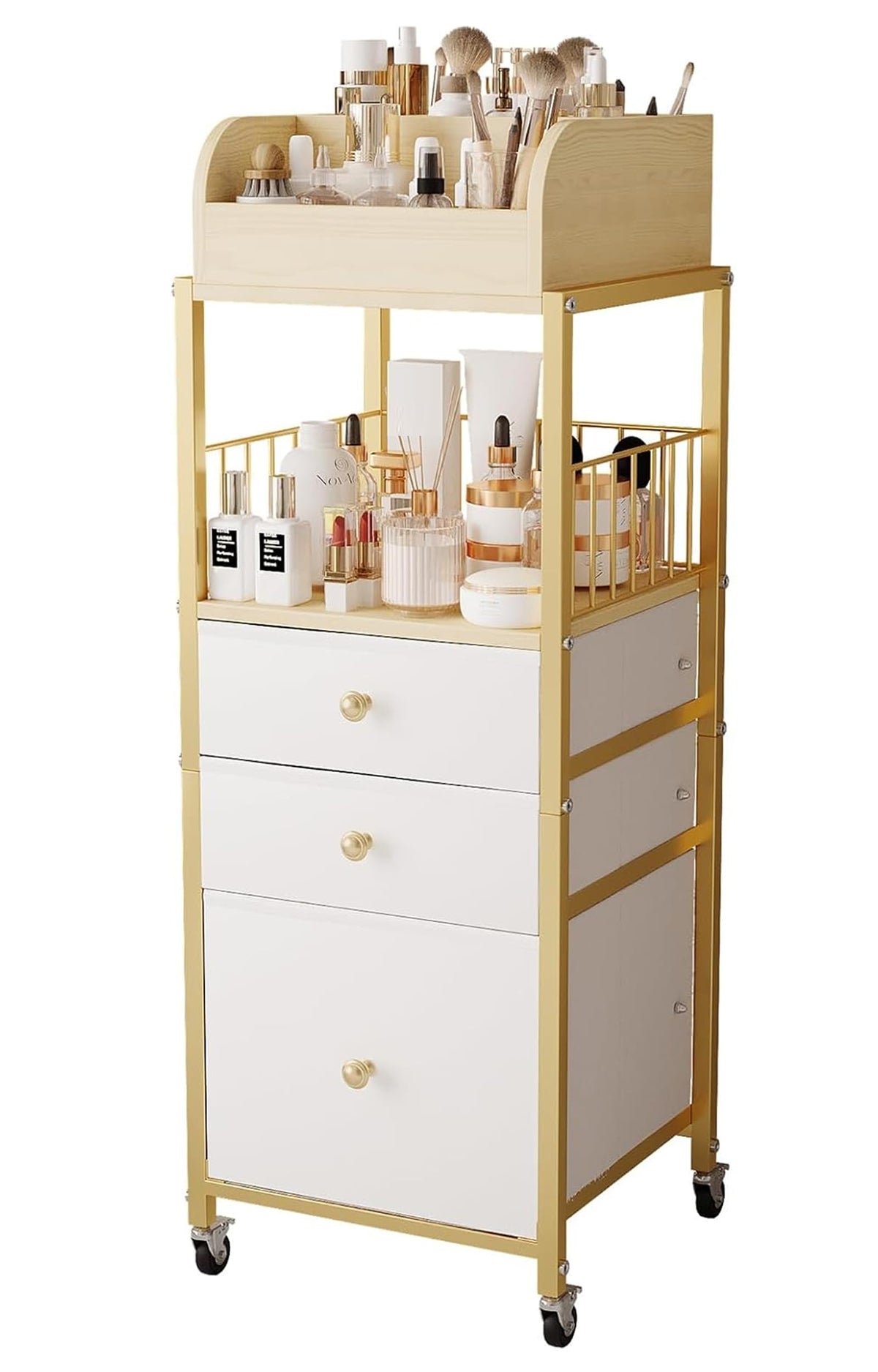 ZQUYAJ makeup organizer cart gold front view for quick, organized vanity storage