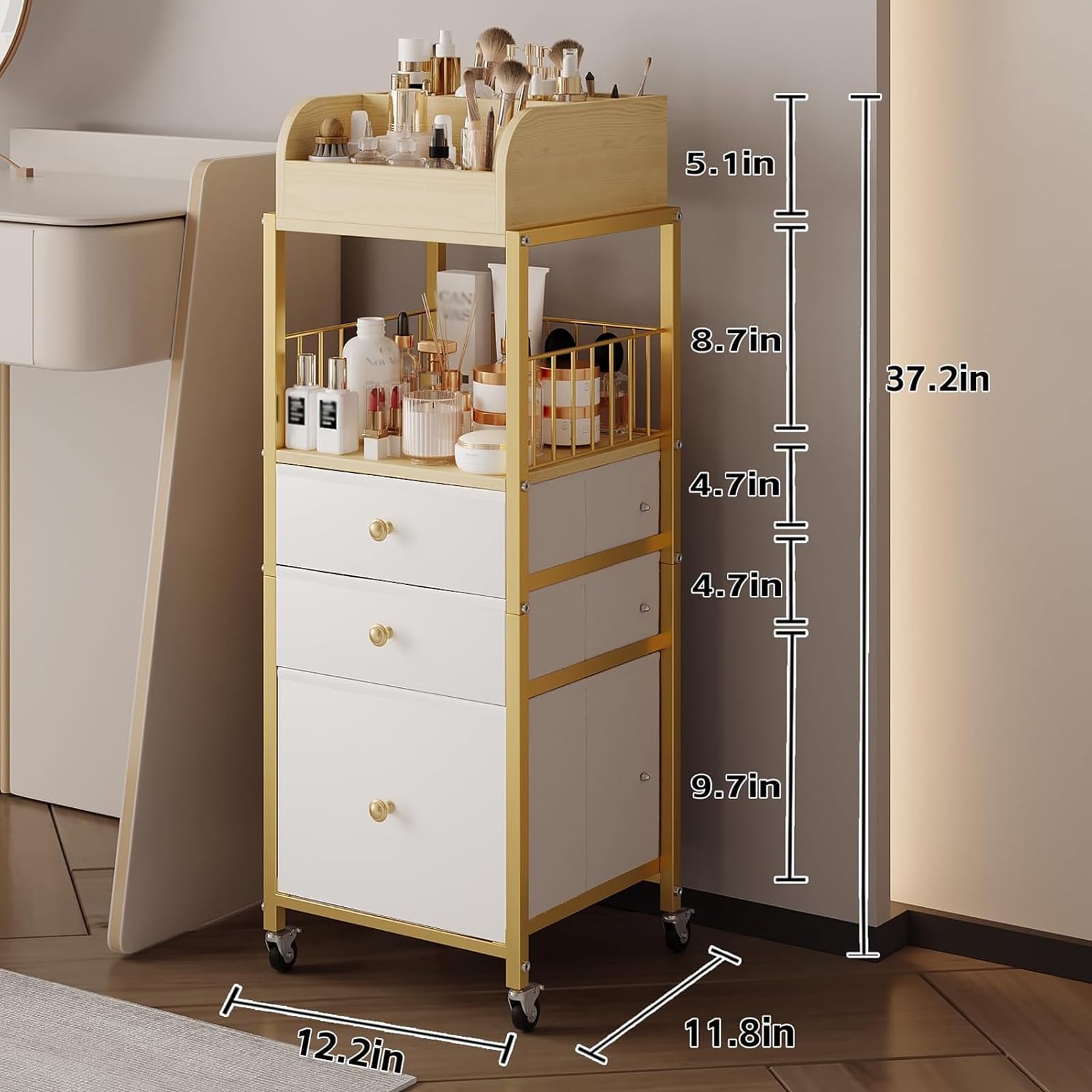 ZQUYAJ makeup organizer cart gold top divisional display keeps brushes and perfumes neatly separated
