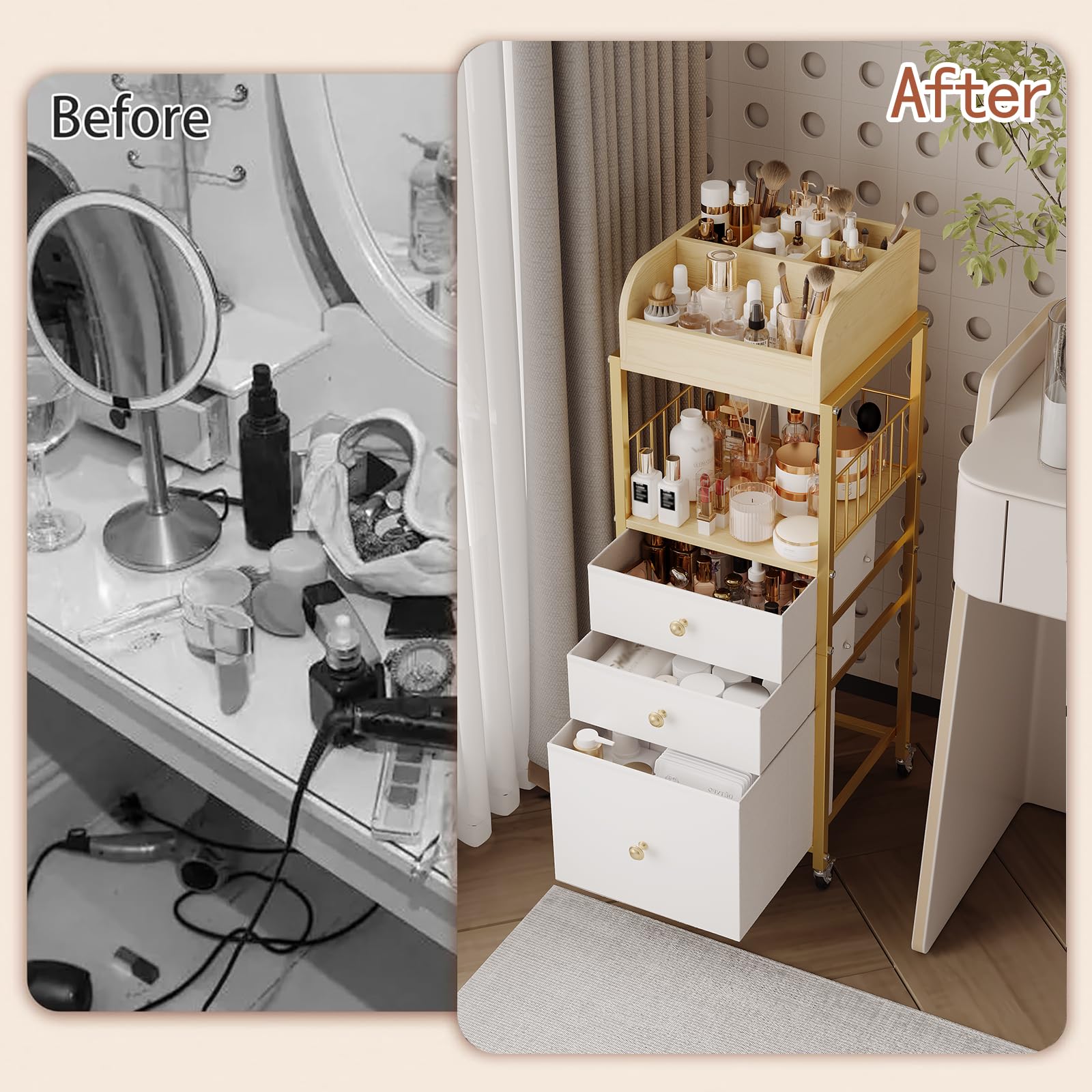 ZQUYAJ makeup organizer cart gold near bathroom vanity keeps daily essentials ready