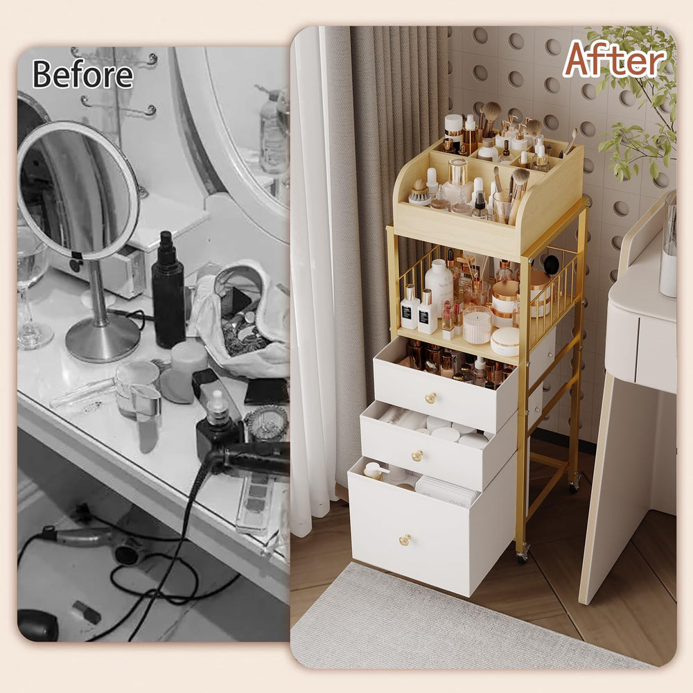 ZQUYAJ makeup organizer cart gold near bathroom vanity keeps daily essentials ready
