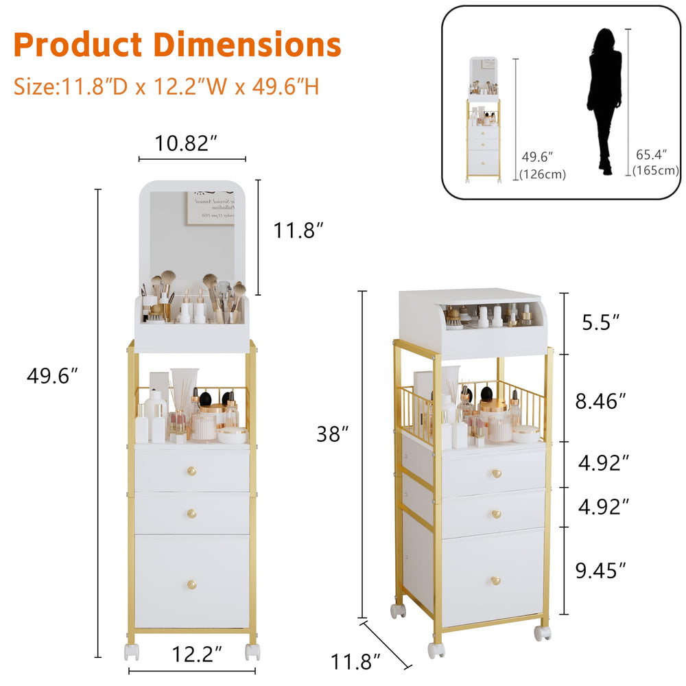 ZQUYAJ mirror with storage underneath provides a mini vanity station on wheels