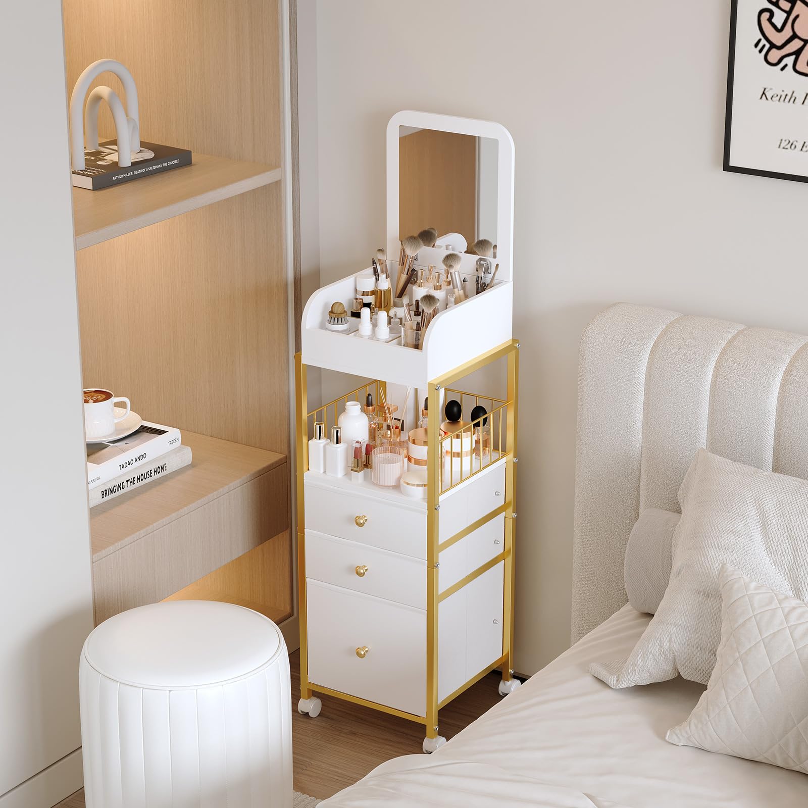 ZQUYAJ vanity storage organizer with three drawers keeps brushes and palettes organized