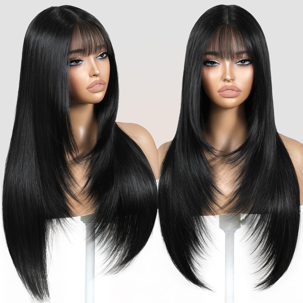 ZRLK black wig with bangs natural flow for daily wear and events.