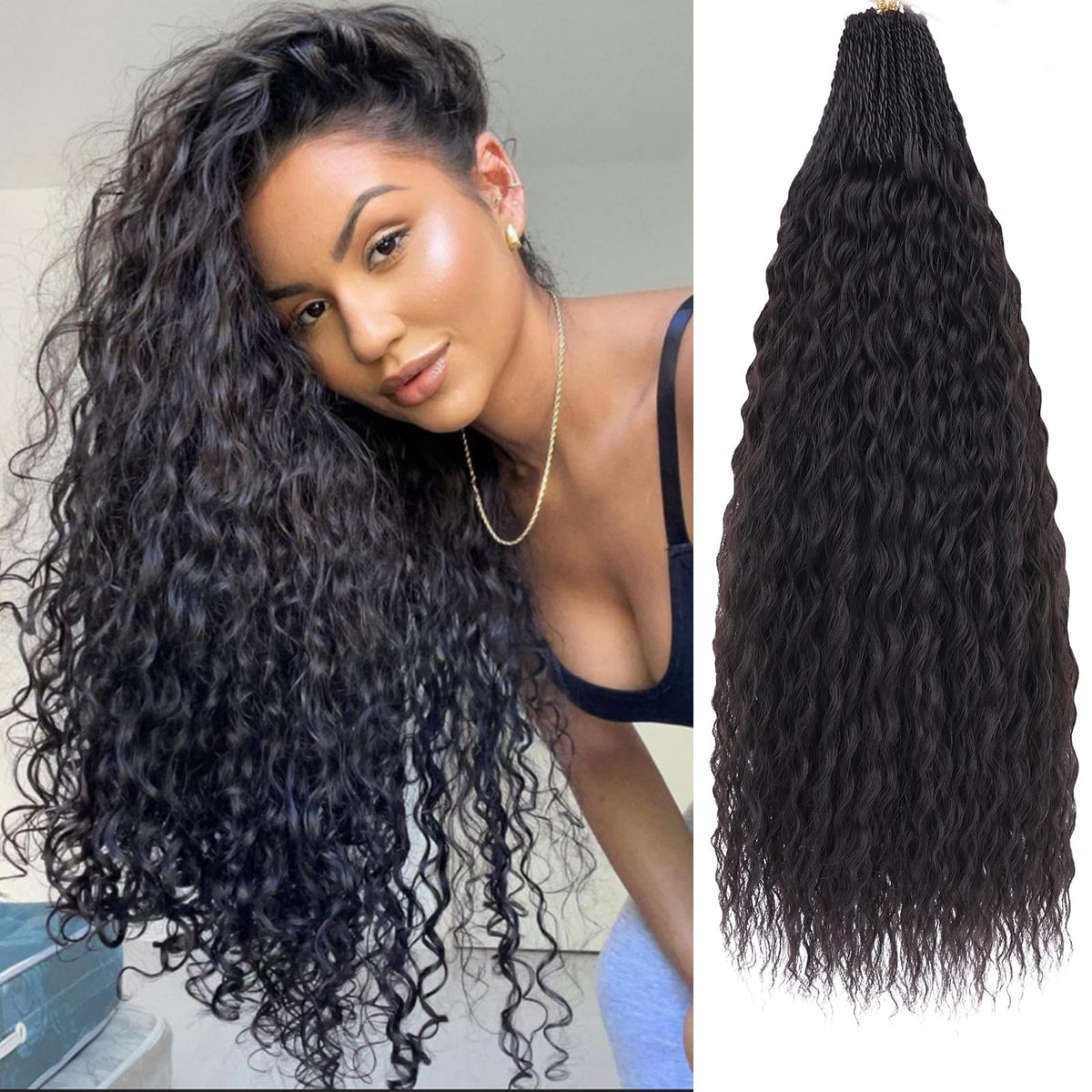 ZRQ pre-looped Brazilian braids curly crochet hair 18in water wave worn for natural look.