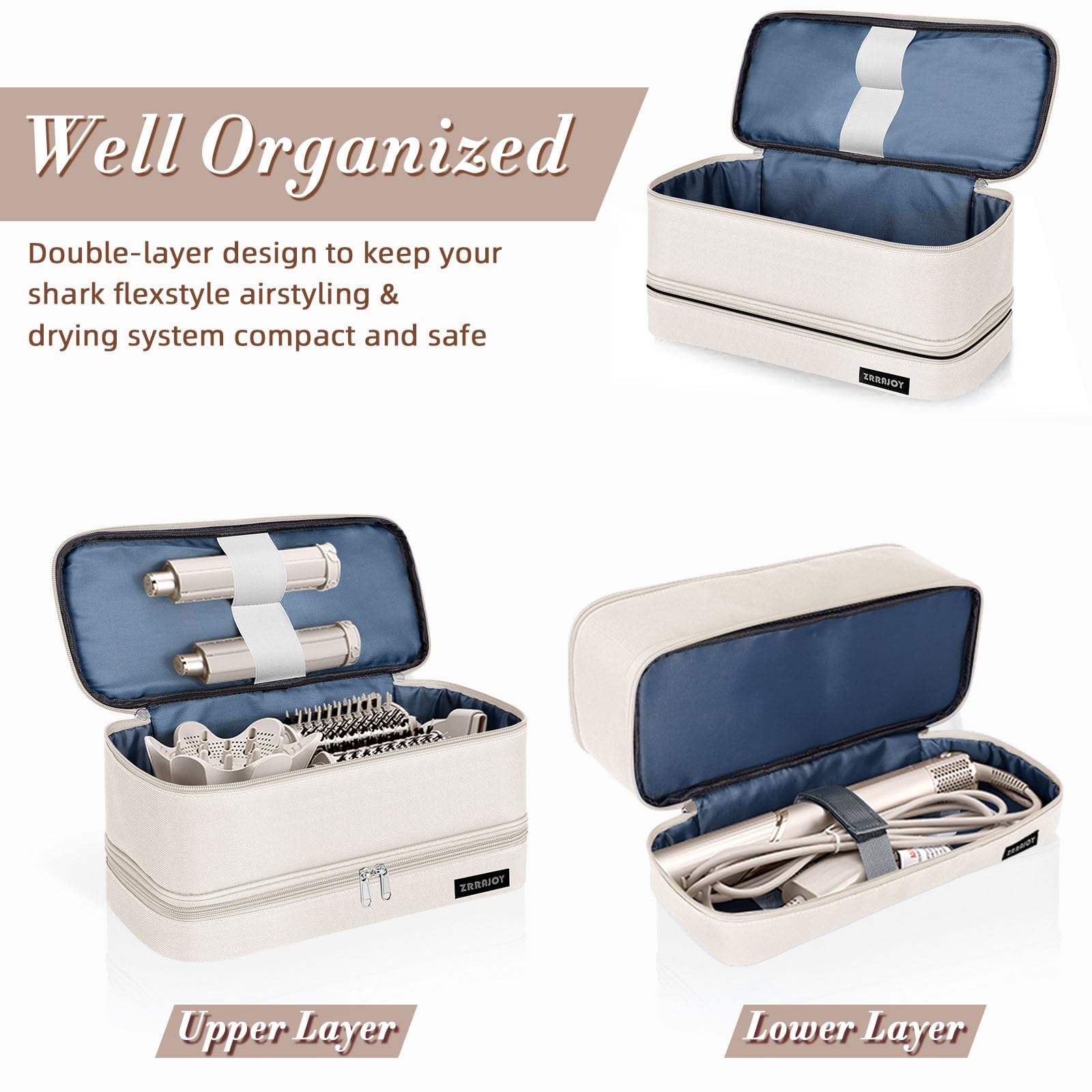 ZRRAJOY zipper compartments organize curlers, diffusers, brushes, and concentrators.