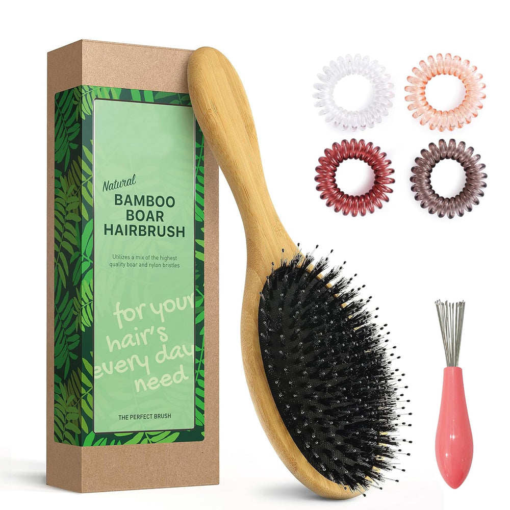 ZTTXHYAN boar bristle brush with ergonomic handle delivers gentle scalp massage and detangling.